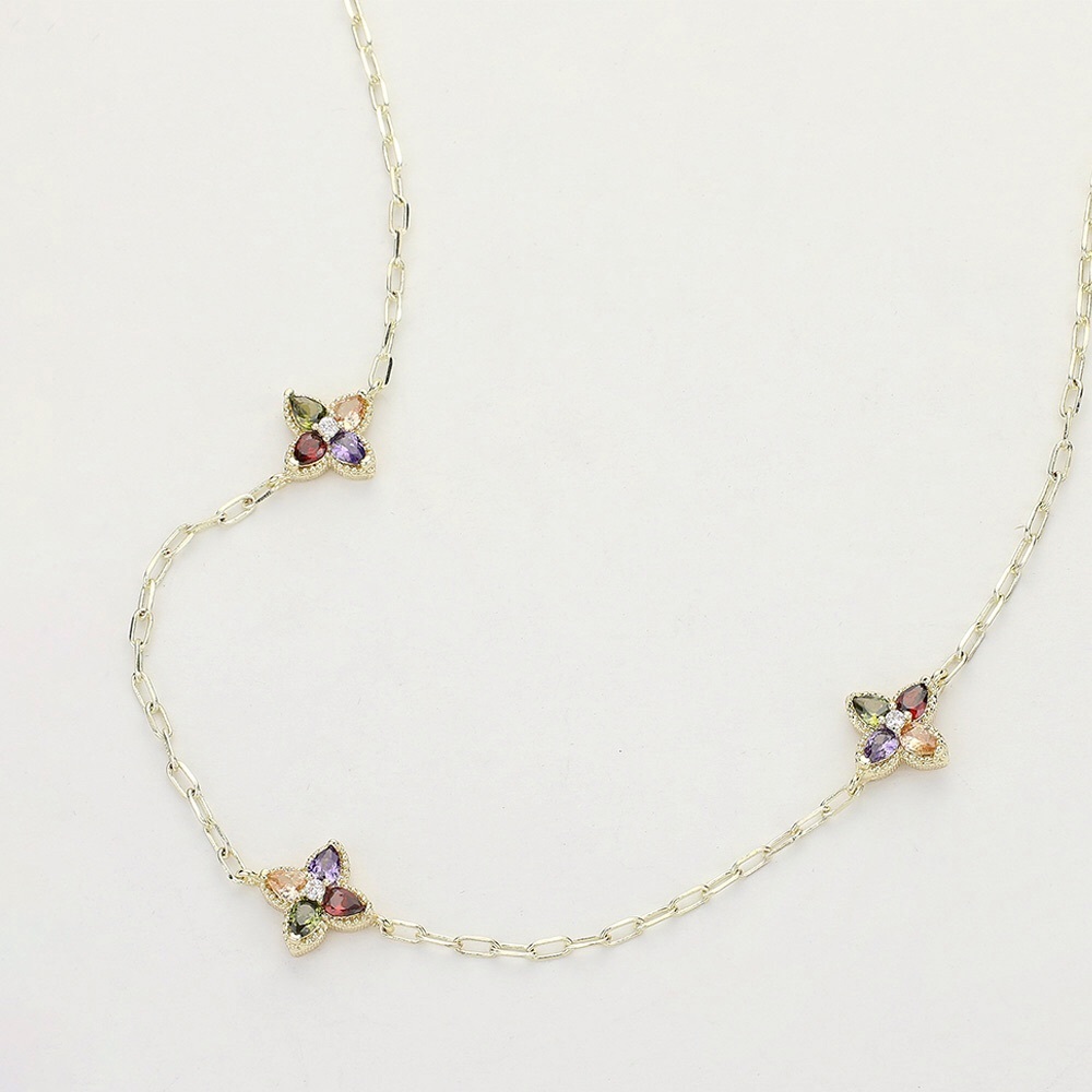 14KGP Amethyst Citrine and Red Garnet Quatrefoil Paper link  Chain Necklace